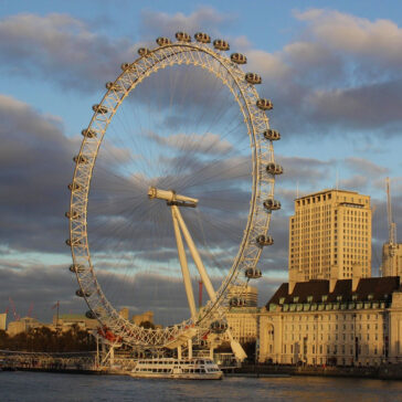 London Eye at sunset, a famous landmark for travelers flying business class from New York to London.
