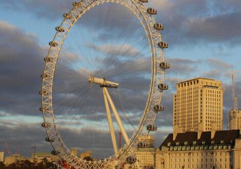 London Eye at sunset, a famous landmark for travelers flying business class from New York to London.