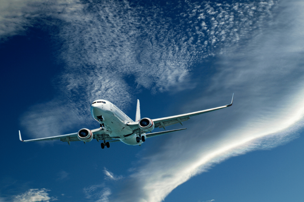 Airplane flying at cruising altitude – discount business class and first class tickets
